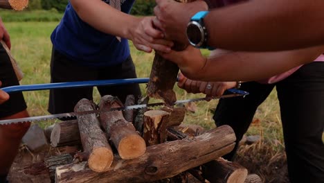 Teamwork,-Saws-A-Log-Piece-Outdoors-At-Scout-Camp,-Close-Up