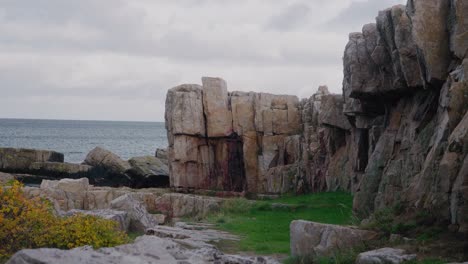 Vårhallarna-Rocks-By-The-Sea-in-Simrishamn,-South-Sweden---Static-Wide-Shot