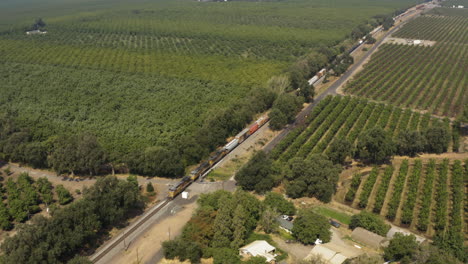 Aerial-drone-view-from-a-distance-of-a-long-freight-train-passing-through-an-agricultural-farm