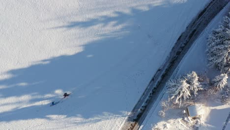 Zwei-Fitte-Skifahrer-In-Top-Down-Ansicht-In-4k,-Verfolgt-Von-Einer-Drohne