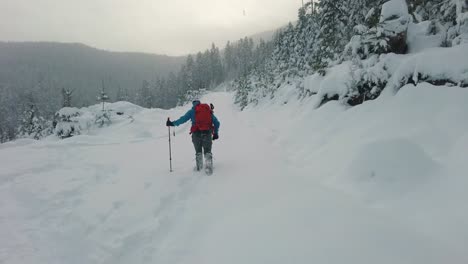 Snowshoeing-Towards-a-Misty-Forest-on-Vancouver-Island,-Canada