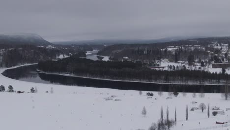 Forestry-landscape-with-river-water-in-winter-season,-aerial-ascend-shot