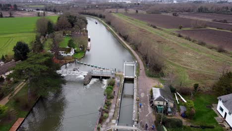 Baits-bite-lock-river-Cam-Cambridgeshire-UK-aerial-drone-footage