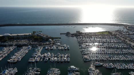 Aerial-view-of-boats-and-yachts-moored-in-a-marina-with-a-view-of-the-ocean