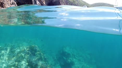 Schöne-Aufnahme-Eines-Fischschwarms,-Gefolgt-Von-Einem-Schnorchler-Und-Blick-Auf-Yachten-Auf-Den-Britischen-Jungferninseln