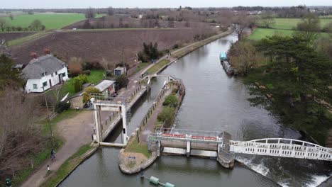Baits-bite-lock-river-Cam-Cambridgeshire-UK-rising-crane-aerial-drone-footage
