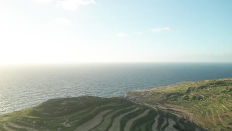 AERIAL:-Panoramic-Shot-of-Mediterranean-Sea-Washing-Coastline-in-Malta