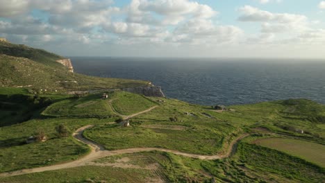 AERIAL:-Panoramic-View-of-Malta-Coastline-with-Mediterranean-Sea-Washing-Shores