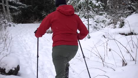Hombre-Caminando-Con-Raquetas-De-Nieve-Por-Un-Sendero