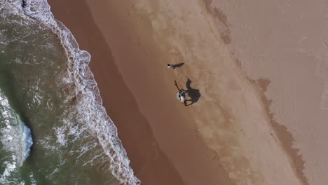 Aerial-Looking-Down-At-Male-Walking-Camel-On-Beach-With-Waves-Breaking-At-Balochistan