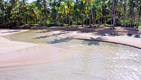 Aerial-view-showing-transparent-water-of-pool,sandy-beach-and-tropical-palm-trees-in-background---Playa-Coson,Las-Terrenas