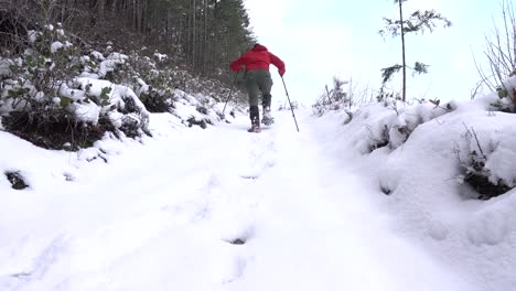 Man-Snowshoeing-up-a-Steep-Hill