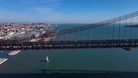 Aerial-view-of-the-traffic-lines-in-the-25-of-April-bridge-in-Lisbon,-Portugal