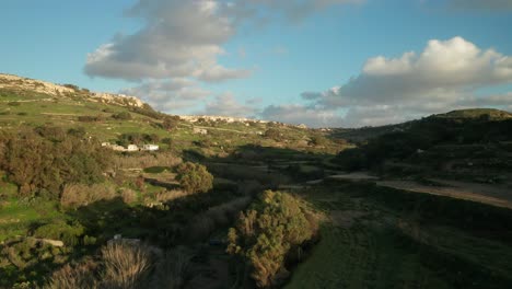 AERIAL:-Slow-Flight-Above-Paddy-Fields-and-Greenery-Farmlands-in-Malta-in-Winter