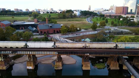 Train-Traveling-on-Scenic-Riverfront-in-Richmond,-Virginia-|-Aerial-Side-Tracking-View-|-Summer-2021