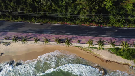 Aerial-drone-top-down-view-of-curves-of-coastal-road-beautiful-Top-view-seashore-Drone-shot-over-seashore,-famous-tourist-destination-with-palm-trees-around-the-scenic-road-during-sunset