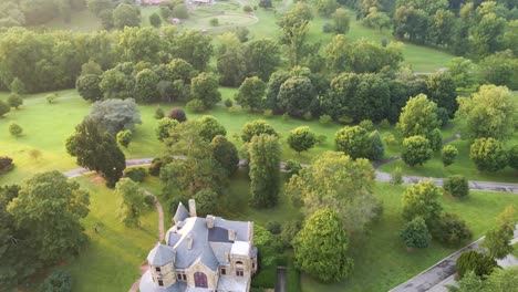 Maymont-Park-in-Richmond,-Virginia-|-Aerial-View-Over-Mansion-and-Greenery-|-Summer-2021