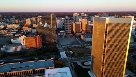 Downtown-at-Golden-Hour-in-Richmond,-Virginia-|-Aerial-Flyover-|-Summer-2021