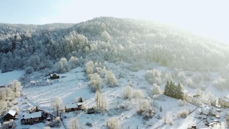Frostiger-Wald,-Weiße-Bäume,-Einzelne-Häuser-Und-Atemberaubende-Luftaufnahme-Der-Morgensonne
