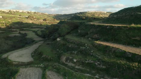 AERIAL:-Flying-Above-Rocky-Green-Farmland-on-Hill-on-a-Sunny-Evening-in-Malta