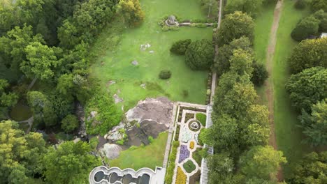 Japanese-Garden-and-Riverfront-at-Maymont-Park-in-Richmond,-Virginia-|-Aerial-View-Panning-Up-|-Summer-2021