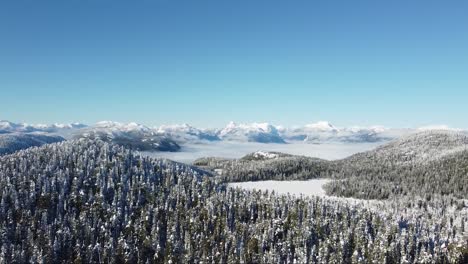 Aerial-Wide-View-of-Snowy-Mountains-on-Vancouver-Island,-Canada