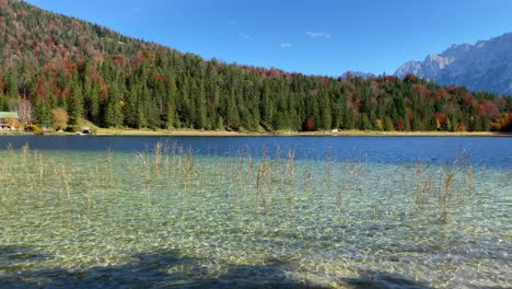 Colorful-panning-shot-of-the-Ferchen-Lake-with-the-golden-autumn-forest-and-peaks-of-Karwendel-mountains-in-the-background,-very-close-to-the-bavarian-town-of-Mittenwald-in-Germany