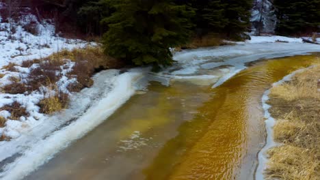 winter-meltdown-river-curvy-snow-banks-trees-pine-closeup-mineral-deposits-golden-hay-bushes-wilderness-passage-down-river-to-stone-canal-bridge-seperating-wildlife-access-to-the-other-side-of-forest