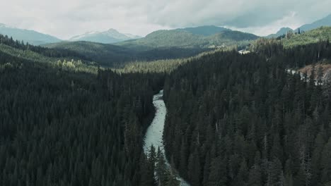 Bosques-De-Matorrales-Con-Río-Congelado-Durante-El-Amanecer-En-Columbia-Británica,-Canadá