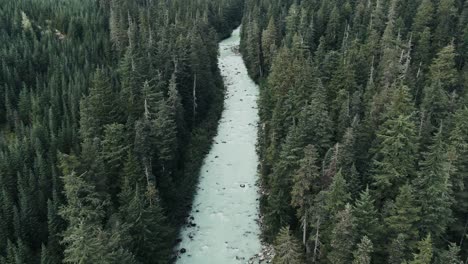 Fly-Away-At-Frozen-River-Amidst-Coniferous-Forest-In-British-Columbia,-Canada