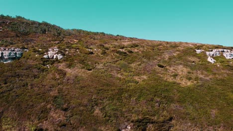 Fliegen-Zu-Hohen-Grünen-Bergen,-Die-Mit-Gras-Bedeckt-Sind,-Auf-Foz-Do-Lizandro,-Portugal
