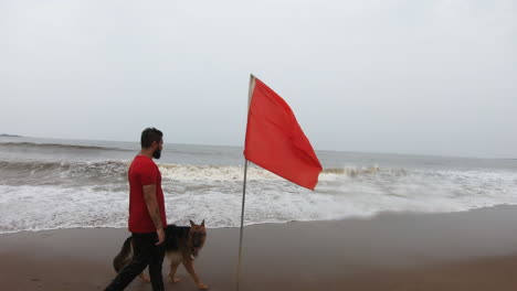 German-shepherd-dog-on-the-beach-playing-with-his-owner-near-red-flag