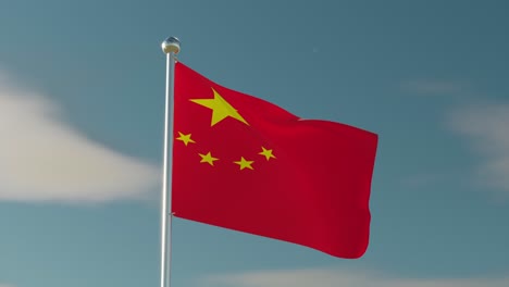 Chinese-flag-fluttering-on-a-metal-pole-with-sky-background