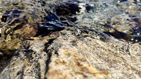 Clean-transparent-freshwater-splashing-up-against-a-rock-in-summer-sunlight---Closeup-detailed-static-macro