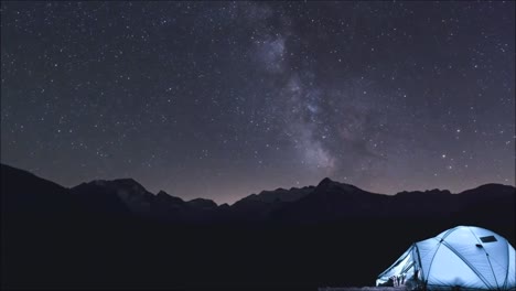 Time-lapse-De-Tienda-De-Campaña-Y-Estrellas-Moviéndose-En-El-Cielo,-Concepto-De-Vía-Láctea