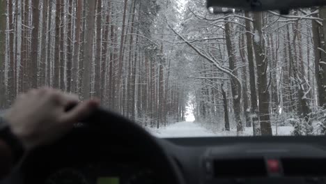 Point-of-view-of-car-driver,-slowly-riving-through-a-snowy-forest-road