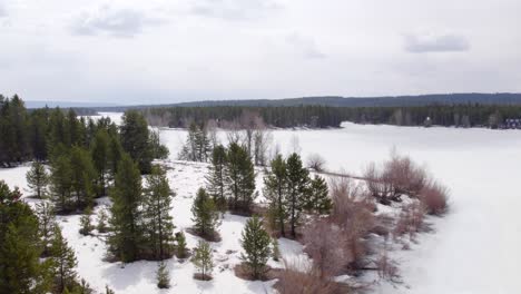 Drone-Aerial-of-the-winter-and-the-edge-of-the-water-covered-in-snow-and-showing-the-vacation-homes-around-Island-Park-Reservoir-in-Island-Park-Idaho