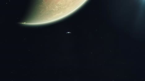 Establishing-Shot-of-a-Small-Spaceship-Approaching-an-Alien-World---Inhabited-Desert-Planet