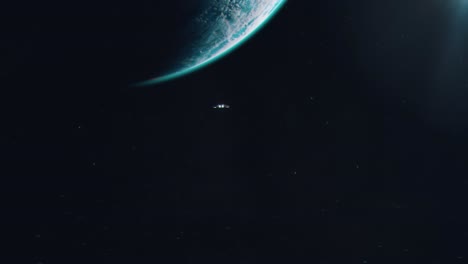 Establishing-Shot-of-a-Small-Spaceship-Approaching-an-Alien-World---Water-Planet
