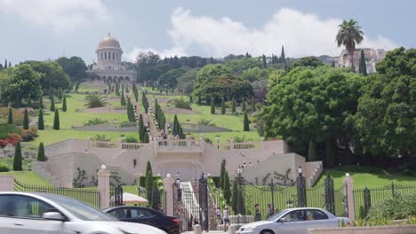 Low-angle-full-shot-of-Bahai-Gardens-in-Haifa,-Israel