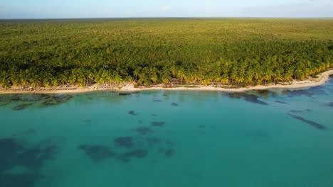 Aerial-view-towards-tropical-forest-and-beaches-on-the-coast-of-Punta-Cana,-sunset-in-Dominican-republic---rising,-drone-shot