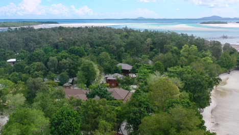 Luftaufnahme-Des-Dichten-Grünen-Waldes-Auf-Der-Insel-Leebong-An-Einem-Sonnigen-Sommertag-Mit-Ozean-Bei-Ebbe-In-Belitung-Indonesien