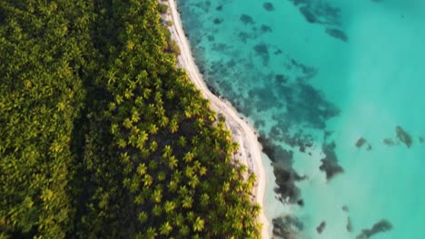 Vista-Aérea-De-Las-Playas-Tropicales-De-Punta-Cana,-Hora-Dorada-En-República-Dominicana---Inclinación,-Disparo-De-Drones