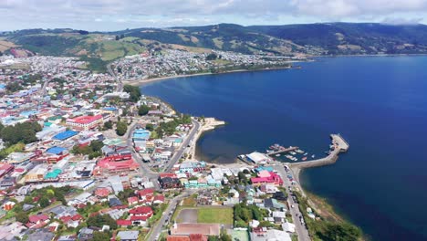 Aerial-View-Flying-Over-City-Of-Ancud-In-Province-Of-Chiloe