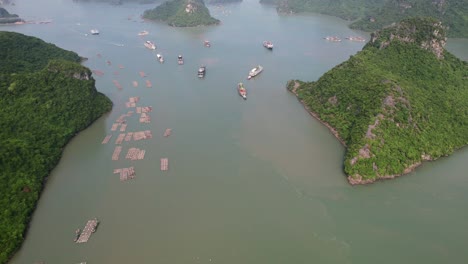 aerial-top-down-view-of-many-boats-anchored-around-limestone-rocks-in-Ha-Long-Bay-at-sunrise