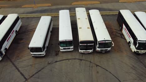 Aerial-pan-drone-view-white-parked-busses