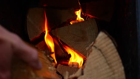 Hand-Placing-Cut-Wood-Logs-Into-Fire