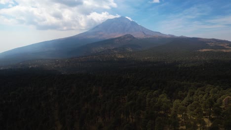 Popocatepetl-Volcano-mountain,-sunny-day-in-Mexico---Panoramic,-aerial-view