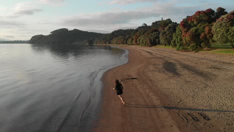 Aerial-drone-view-of-running-female-on-Cornwallis-Beach-in-Auckland,-New-Zealand,-slow-motion