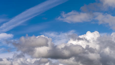 Time-lapse-of-dramatic-cumulus-clouds-against-clear-blue-sky,-static,-low-angle